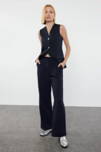 TRENDYOLMİLLA Dark Navy High Waist Wide Leg/Wide Leg Pilili Weaving Dress Pants - Image 5