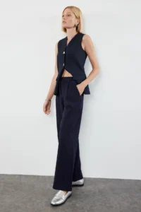 TRENDYOLMİLLA Dark Navy High Waist Wide Leg/Wide Leg Pilili Weaving Dress Pants - Image 6