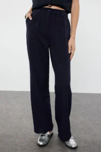 TRENDYOLMİLLA Dark Navy High Waist Wide Leg/Wide Leg Pilili Weaving Dress Pants - Image 8