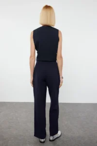 TRENDYOLMİLLA Dark Navy High Waist Wide Leg/Wide Leg Pilili Weaving Dress Pants - Image 9