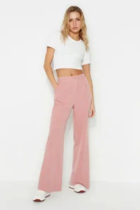 TRENDYOLMİLLA Dusty Rose High Waist Wide Leg/Wide Leg Pilili Weaving Dress Pants
