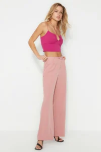 TRENDYOLMİLLA Dusty Rose High Waist Wide Leg/Wide Leg Pilili Weaving Dress Pants - Image 2