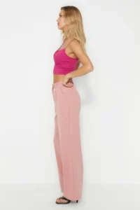 TRENDYOLMİLLA Dusty Rose High Waist Wide Leg/Wide Leg Pilili Weaving Dress Pants - Image 3