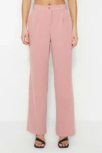 TRENDYOLMİLLA Dusty Rose High Waist Wide Leg/Wide Leg Pilili Weaving Dress Pants - Image 4