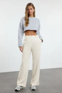 TRENDYOLMİLLA Ecru High Waist Wide Leg/Wide Leg Pilili Weaving Dress Pants