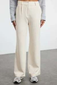 TRENDYOLMİLLA Ecru High Waist Wide Leg/Wide Leg Pilili Weaving Dress Pants - Image 3