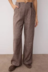 TRENDYOLMİLLA Brown Button Detailed Thick Tufted/Winter Palazzo Pants Weaving Pants - Image 3