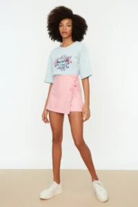 TRENDYOLMiLLA Pink Baglama and eyelet Detailed Weaving Shorts Skirt - Image 2
