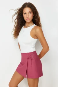 TRENDYOLMiLLA Purple Baglama and eyelet Detailed Weaving Shorts Skirt - Image 2