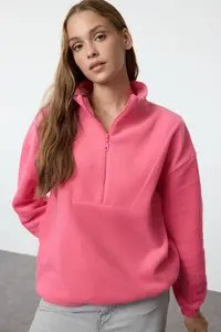 TRENDYOLMİLLA Fuchsia Zippered Dog collar Fleece Regular/Normal Cut Knitting Sweatshirt