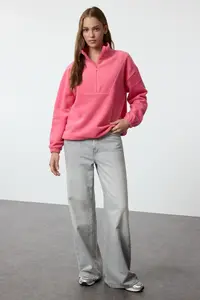 TRENDYOLMİLLA Fuchsia Zippered Dog collar Fleece Regular/Normal Cut Knitting Sweatshirt - Image 2
