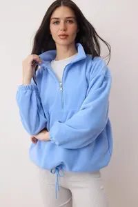 TRENDYOLMİLLA Light Blue  Zippered Dog collar Fleece Regular/Normal Cut Knitting Sweatshirt