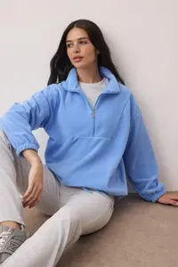TRENDYOLMİLLA Light Blue  Zippered Dog collar Fleece Regular/Normal Cut Knitting Sweatshirt - Image 2