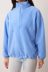 TRENDYOLMİLLA Light Blue  Zippered Dog collar Fleece Regular/Normal Cut Knitting Sweatshirt - Image 3