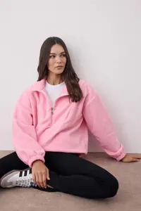 TRENDYOLMİLLA Light Pink Zipper Detailed Fleece Knitting Sweatshirt