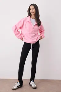 TRENDYOLMİLLA Light Pink Zipper Detailed Fleece Knitting Sweatshirt - Image 2
