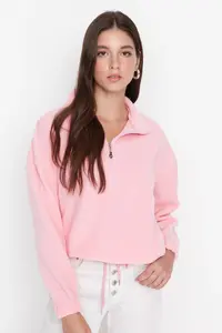 TRENDYOLMİLLA Light Pink Zipper Detailed Fleece Knitting Sweatshirt - Image 5
