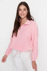 TRENDYOLMİLLA Light Pink Zipper Detailed Fleece Knitting Sweatshirt - Image 6