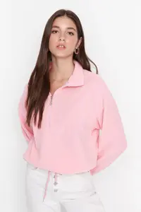 TRENDYOLMİLLA Light Pink Zipper Detailed Fleece Knitting Sweatshirt - Image 7