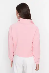 TRENDYOLMİLLA Light Pink Zipper Detailed Fleece Knitting Sweatshirt - Image 9