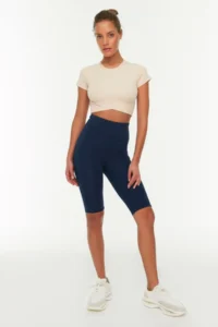TRENDYOLMİLLA Navy Blue Shaping High Waist Pocket Detail Knitting Sports Biker/Short Leggings - Image 4