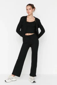 TRENDYOLMİLLA Black Fitillli Blouse Cardigan Pants Knitwear Top and Bottom Set - Image 2