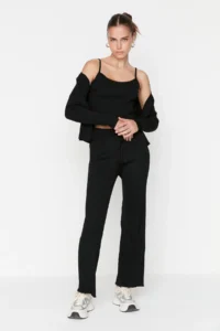 TRENDYOLMİLLA Black Fitillli Blouse Cardigan Pants Knitwear Top and Bottom Set - Image 3