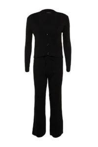 TRENDYOLMİLLA Black Fitillli Blouse Cardigan Pants Knitwear Top and Bottom Set - Image 6