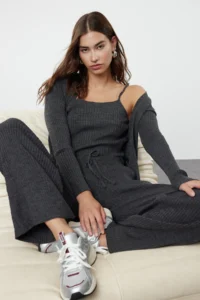 TRENDYOLMİLLA Anthracite Fitillli Blouse Cardigan Pants Knitwear Top and Bottom Set