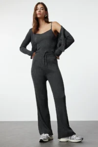 TRENDYOLMİLLA Anthracite Fitillli Blouse Cardigan Pants Knitwear Top and Bottom Set - Image 2
