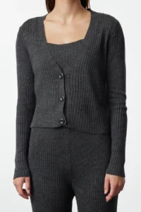 TRENDYOLMİLLA Anthracite Fitillli Blouse Cardigan Pants Knitwear Top and Bottom Set - Image 4