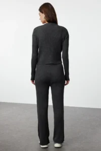 TRENDYOLMİLLA Anthracite Fitillli Blouse Cardigan Pants Knitwear Top and Bottom Set - Image 5