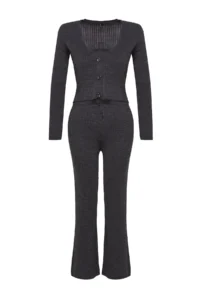 TRENDYOLMİLLA Anthracite Fitillli Blouse Cardigan Pants Knitwear Top and Bottom Set - Image 6