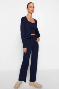 TRENDYOLMİLLA Navy Blue Fitillli Blouse Cardigan Pants Knitwear Top and Bottom Set