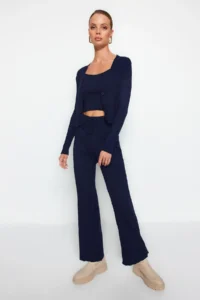 TRENDYOLMİLLA Navy Blue Fitillli Blouse Cardigan Pants Knitwear Top and Bottom Set - Image 2