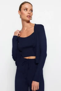 TRENDYOLMİLLA Navy Blue Fitillli Blouse Cardigan Pants Knitwear Top and Bottom Set - Image 3