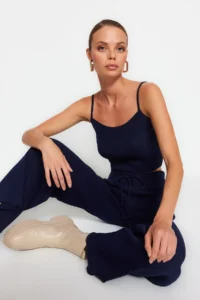 TRENDYOLMİLLA Navy Blue Fitillli Blouse Cardigan Pants Knitwear Top and Bottom Set - Image 4