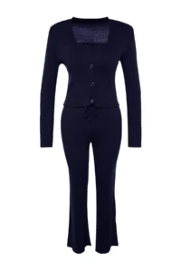 TRENDYOLMİLLA Navy Blue Fitillli Blouse Cardigan Pants Knitwear Top and Bottom Set - Image 6