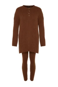 TRENDYOLMİLLA Dark Brown Wide Pattern Knitwear Top and Bottom Set - Image 5