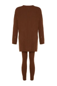 TRENDYOLMİLLA Dark Brown Wide Pattern Knitwear Top and Bottom Set - Image 6