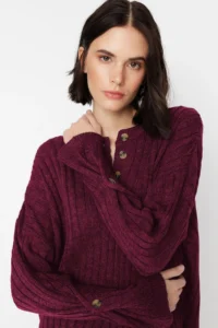 TRENDYOLMİLLA Burgundy Ribbed Wide Pattern Knitwear Top and Bottom Set - Image 3