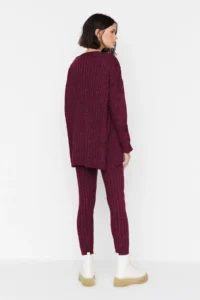 TRENDYOLMİLLA Burgundy Ribbed Wide Pattern Knitwear Top and Bottom Set - Image 5