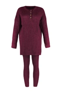 TRENDYOLMİLLA Burgundy Ribbed Wide Pattern Knitwear Top and Bottom Set - Image 6