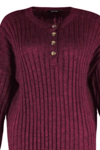 TRENDYOLMİLLA Burgundy Ribbed Wide Pattern Knitwear Top and Bottom Set - Image 7