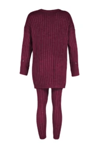 TRENDYOLMİLLA Burgundy Ribbed Wide Pattern Knitwear Top and Bottom Set - Image 8