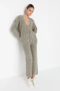 TRENDYOLMİLLA Stone Wide Pattern Soft textured Knitwear Top and Bottom Set - Image 2