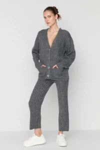 TRENDYOLMİLLA Anthracite Wide Pattern Soft textured Knitwear Top and Bottom Set