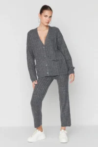 TRENDYOLMİLLA Anthracite Wide Pattern Soft textured Knitwear Top and Bottom Set - Image 2