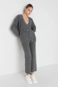 TRENDYOLMİLLA Anthracite Wide Pattern Soft textured Knitwear Top and Bottom Set - Image 3