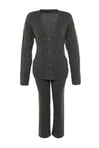 TRENDYOLMİLLA Anthracite Wide Pattern Soft textured Knitwear Top and Bottom Set - Image 7
